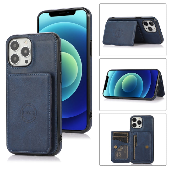 Calf Texture Magnetic Card Bag PU Shockproof Case with Holder & Card Slot For iPhone 13 Pro Max(Blue)-garmade.com