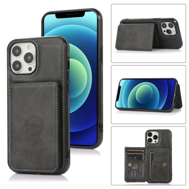 Calf Texture Magnetic Card Bag PU Shockproof Case with Holder & Card Slot For iPhone 13 Pro Max(Black)-garmade.com