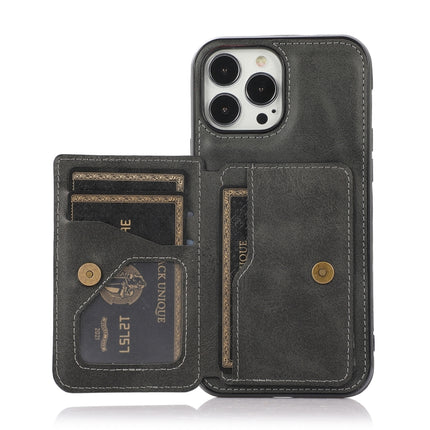 Calf Texture Magnetic Card Bag PU Shockproof Case with Holder & Card Slot For iPhone 13 Pro Max(Black)-garmade.com