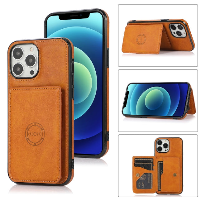 Calf Texture Magnetic Card Bag PU Shockproof Case with Holder & Card Slot For iPhone 13 Pro Max(Brown)-garmade.com