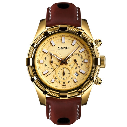 SKMEI 9189 Men Three-eye Six-pin Dial Calendar Timing Quartz Watch(Gold)-garmade.com