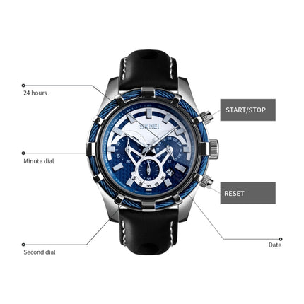 SKMEI 9189 Men Three-eye Six-pin Dial Calendar Timing Quartz Watch(Black)-garmade.com