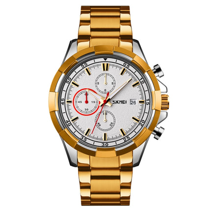 SKMEI 9192 Men Calendar Timing Stainless Steel Belt Luminous Quartz Watch(Gold)-garmade.com