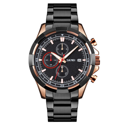 SKMEI 9192 Men Calendar Timing Stainless Steel Belt Luminous Quartz Watch(Rose Gold Black)-garmade.com