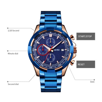 SKMEI 9192 Men Calendar Timing Stainless Steel Belt Luminous Quartz Watch(Blue)-garmade.com