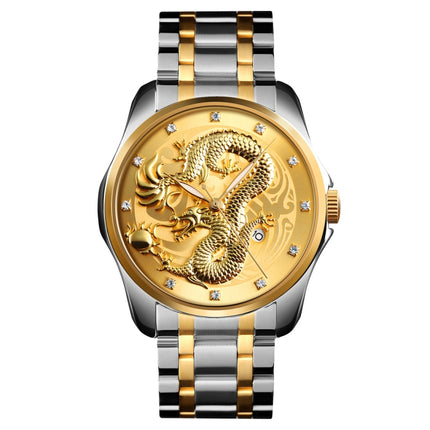 SKMEI 9193 Men Golden Dragon Pattern Calendar Dial Luminous Quartz Watch(Silver Gold)-garmade.com