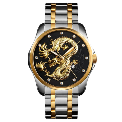 SKMEI 9193 Men Golden Dragon Pattern Calendar Dial Luminous Quartz Watch(Silver Black)-garmade.com