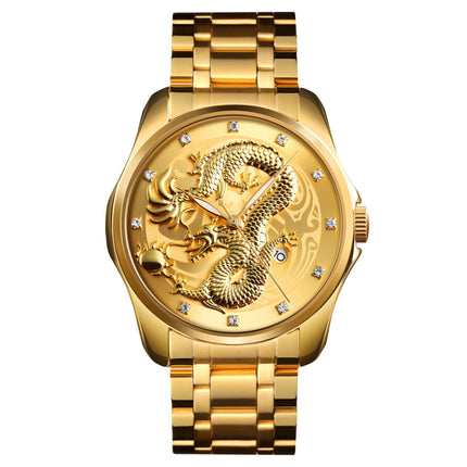 SKMEI 9193 Men Golden Dragon Pattern Calendar Dial Luminous Quartz Watch(Gold)-garmade.com