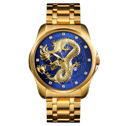 SKMEI 9193 Men Golden Dragon Pattern Calendar Dial Luminous Quartz Watch(Gold Blue)-garmade.com