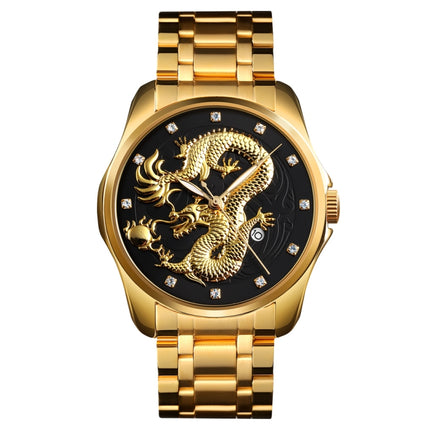 SKMEI 9193 Men Golden Dragon Pattern Calendar Dial Luminous Quartz Watch(Gold Black)-garmade.com