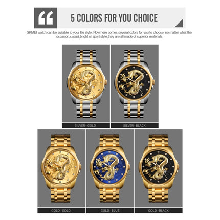 SKMEI 9193 Men Golden Dragon Pattern Calendar Dial Luminous Quartz Watch(Gold Black)-garmade.com