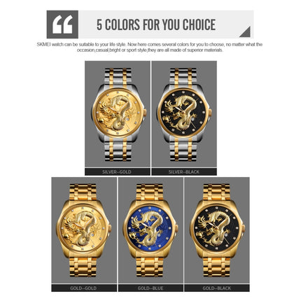 SKMEI 9193 Men Golden Dragon Pattern Calendar Dial Luminous Quartz Watch(Gold Blue)-garmade.com
