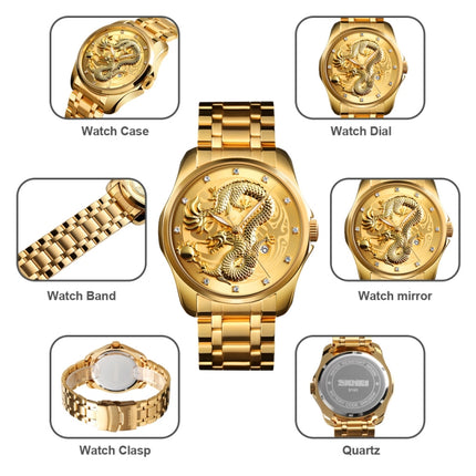 SKMEI 9193 Men Golden Dragon Pattern Calendar Dial Luminous Quartz Watch(Gold Blue)-garmade.com