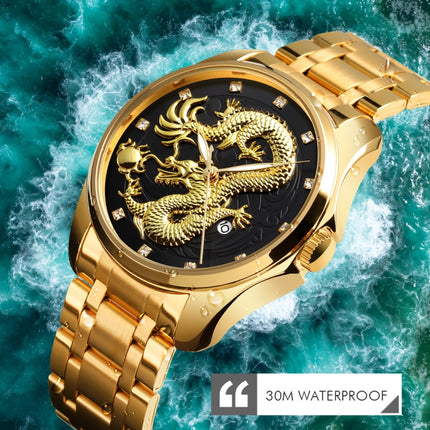 SKMEI 9193 Men Golden Dragon Pattern Calendar Dial Luminous Quartz Watch(Gold Black)-garmade.com