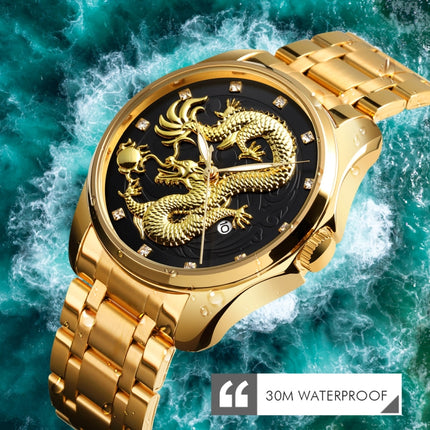 SKMEI 9193 Men Golden Dragon Pattern Calendar Dial Luminous Quartz Watch(Gold)-garmade.com