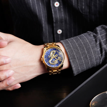 SKMEI 9193 Men Golden Dragon Pattern Calendar Dial Luminous Quartz Watch(Silver Black)-garmade.com
