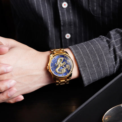 SKMEI 9193 Men Golden Dragon Pattern Calendar Dial Luminous Quartz Watch(Gold)-garmade.com