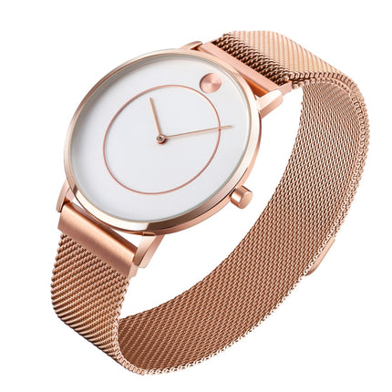 SKMEI 9197 Simple Non-scale Dial Metal Mesh Belt Quartz Watch for Ladies(Rose Gold White Surface)-garmade.com