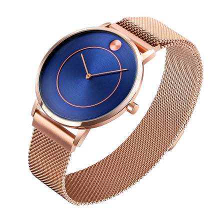 SKMEI 9197 Simple Non-scale Dial Metal Mesh Belt Quartz Watch for Ladies(Rose Gold Blue Surface)-garmade.com