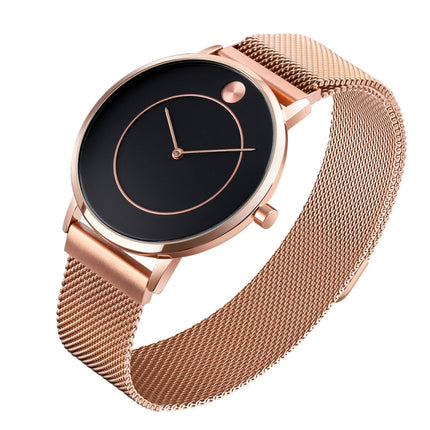 SKMEI 9197 Simple Non-scale Dial Metal Mesh Belt Quartz Watch for Ladies(Rose Gold Black Surface)-garmade.com