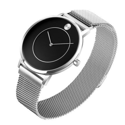 SKMEI 9197 Simple Non-scale Dial Metal Mesh Belt Quartz Watch for Ladies(Silver Shell Black Surface)-garmade.com