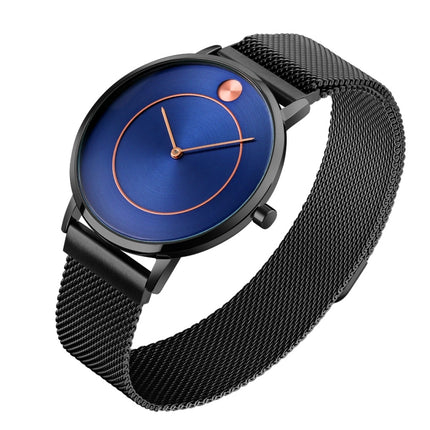 SKMEI 9197 Simple Non-scale Dial Metal Mesh Belt Quartz Watch for Ladies(Black Shell Blue Surface)-garmade.com