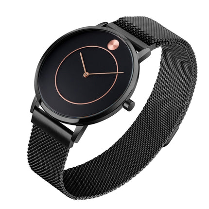 SKMEI 9197 Simple Non-scale Dial Metal Mesh Belt Quartz Watch for Ladies(Black Shell Black Surface)-garmade.com