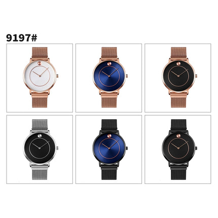 SKMEI 9197 Simple Non-scale Dial Metal Mesh Belt Quartz Watch for Ladies(Black Shell Black Surface)-garmade.com