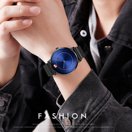 SKMEI 9197 Simple Non-scale Dial Metal Mesh Belt Quartz Watch for Ladies(Black Shell Blue Surface)-garmade.com