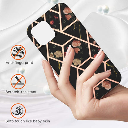 Electroplating Splicing Marble Flower Pattern TPU Shockproof Case For iPhone 13 mini(Black Flower)-garmade.com