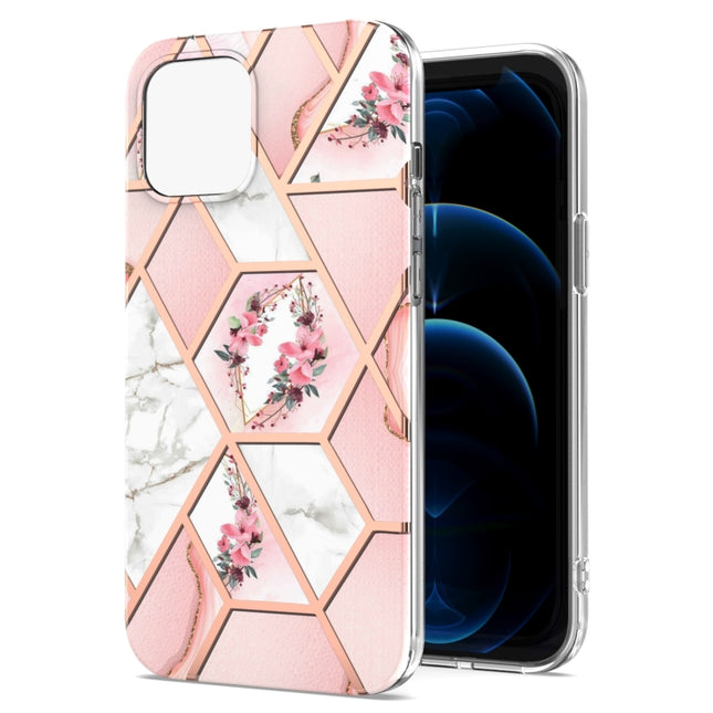 Electroplating Splicing Marble Flower Pattern TPU Shockproof Case For iPhone 13 Pro Max(Pink Flower)-garmade.com