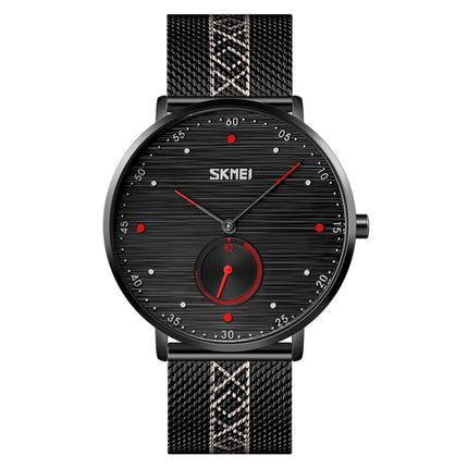 SKMEI 9218 Men Horizontal Striped Arabic Numeral Dial Mesh Belt Quartz Watch(Red)-garmade.com