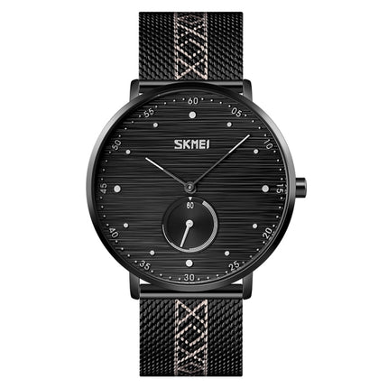 SKMEI 9218 Men Horizontal Striped Arabic Numeral Dial Mesh Belt Quartz Watch(Black)-garmade.com