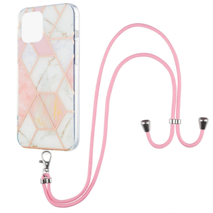 Electroplating Splicing Marble Pattern Dual-side IMD TPU Shockproof Case with Neck Lanyard For iPhone 13 mini(Pink White)-garmade.com