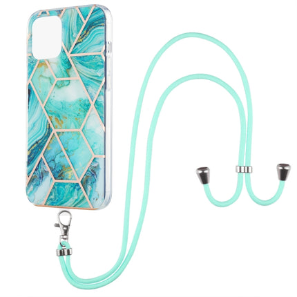 Electroplating Splicing Marble Pattern Dual-side IMD TPU Shockproof Case with Neck Lanyard For iPhone 13 mini(Blue)-garmade.com