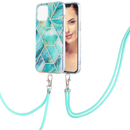 Electroplating Splicing Marble Pattern Dual-side IMD TPU Shockproof Case with Neck Lanyard For iPhone 13 mini(Blue)-garmade.com