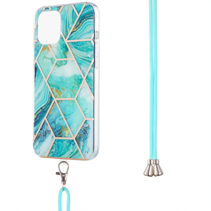 Electroplating Splicing Marble Pattern Dual-side IMD TPU Shockproof Case with Neck Lanyard For iPhone 13 mini(Blue)-garmade.com
