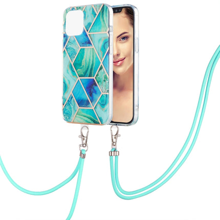 Electroplating Splicing Marble Pattern Dual-side IMD TPU Shockproof Case with Neck Lanyard For iPhone 13 mini(Green)-garmade.com