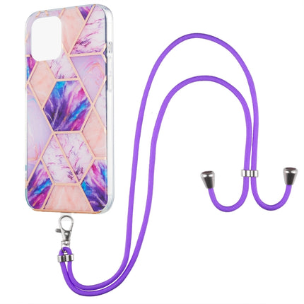 Electroplating Splicing Marble Pattern Dual-side IMD TPU Shockproof Case with Neck Lanyard For iPhone 13 mini(Light Purple)-garmade.com