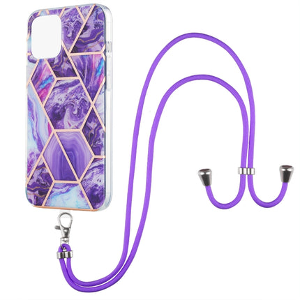 Electroplating Splicing Marble Pattern Dual-side IMD TPU Shockproof Case with Neck Lanyard For iPhone 13 mini(Dark Purple)-garmade.com