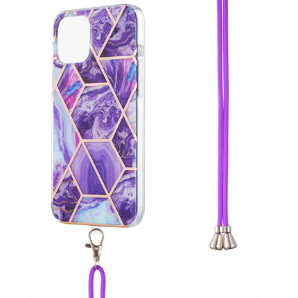Electroplating Splicing Marble Pattern Dual-side IMD TPU Shockproof Case with Neck Lanyard For iPhone 13 mini(Dark Purple)-garmade.com