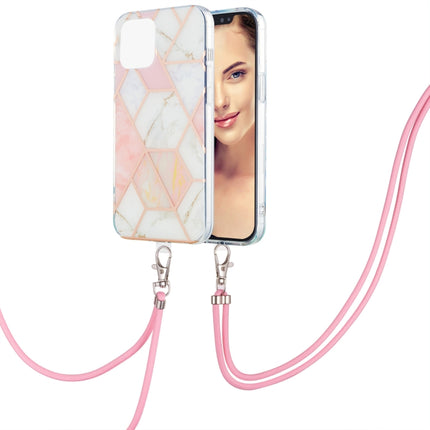 Electroplating Splicing Marble Pattern Dual-side IMD TPU Shockproof Case with Neck Lanyard For iPhone 13(Pink White)-garmade.com