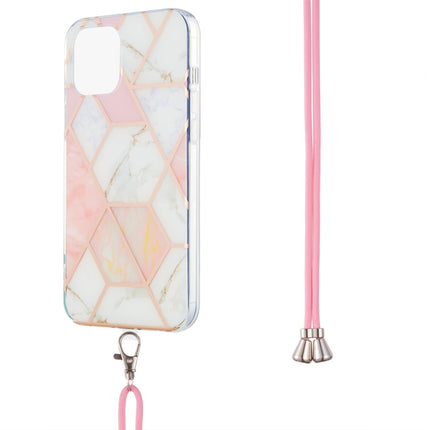 Electroplating Splicing Marble Pattern Dual-side IMD TPU Shockproof Case with Neck Lanyard For iPhone 13(Pink White)-garmade.com