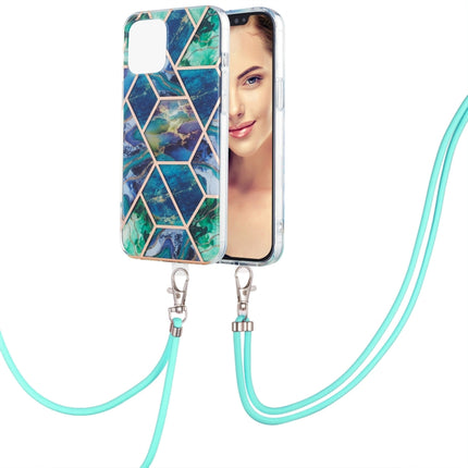 Electroplating Splicing Marble Pattern Dual-side IMD TPU Shockproof Case with Neck Lanyard For iPhone 13(Blue Green)-garmade.com