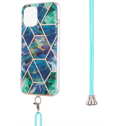 Electroplating Splicing Marble Pattern Dual-side IMD TPU Shockproof Case with Neck Lanyard For iPhone 13(Blue Green)-garmade.com