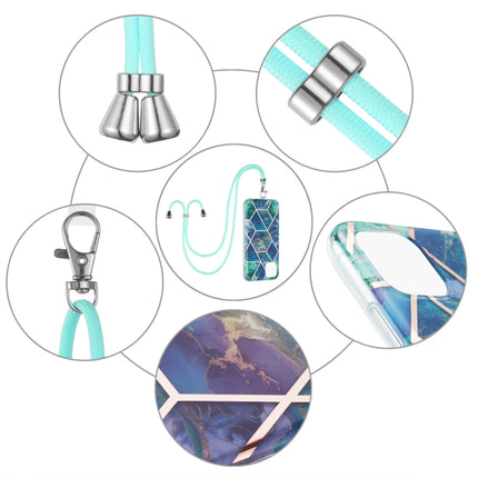 Electroplating Splicing Marble Pattern Dual-side IMD TPU Shockproof Case with Neck Lanyard For iPhone 13(Blue Green)-garmade.com