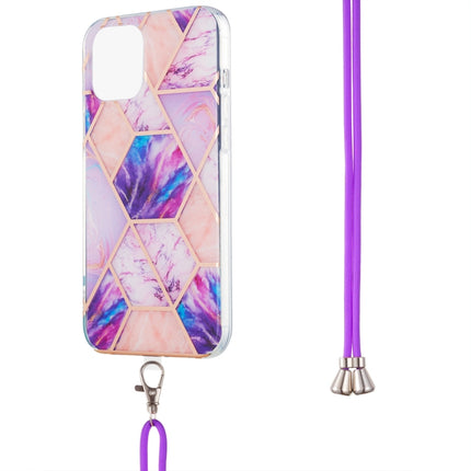 Electroplating Splicing Marble Pattern Dual-side IMD TPU Shockproof Case with Neck Lanyard For iPhone 13(Light Purple)-garmade.com