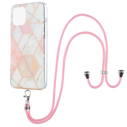 Electroplating Splicing Marble Pattern Dual-side IMD TPU Shockproof Case with Neck Lanyard For iPhone 13 Pro(Pink White)-garmade.com