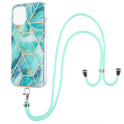 Electroplating Splicing Marble Pattern Dual-side IMD TPU Shockproof Case with Neck Lanyard For iPhone 13 Pro(Blue)-garmade.com