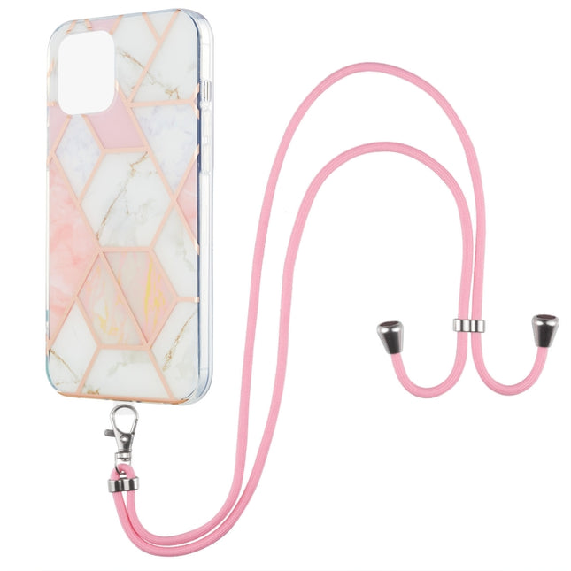 Electroplating Splicing Marble Pattern Dual-side IMD TPU Shockproof Case with Neck Lanyard For iPhone 13 Pro Max(Pink White)-garmade.com